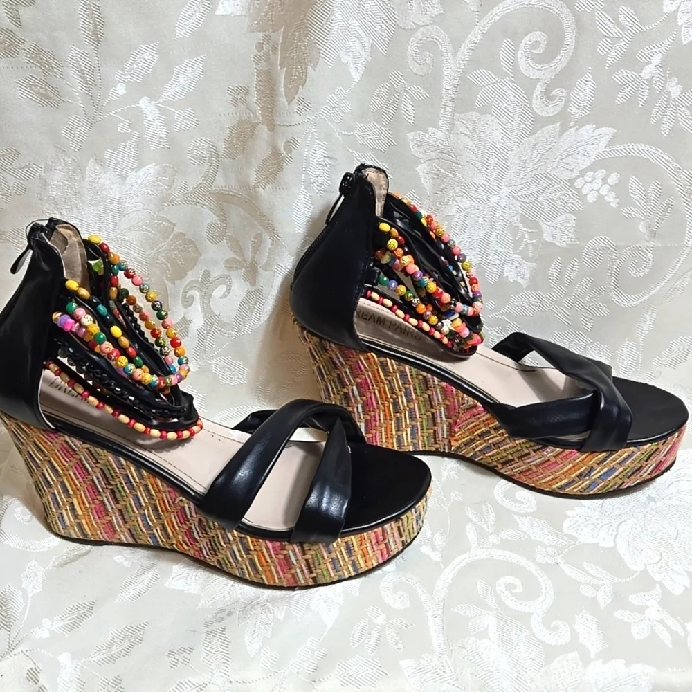 Dream Pairs Colorful Beaded Ankle Black Wedge Sandals